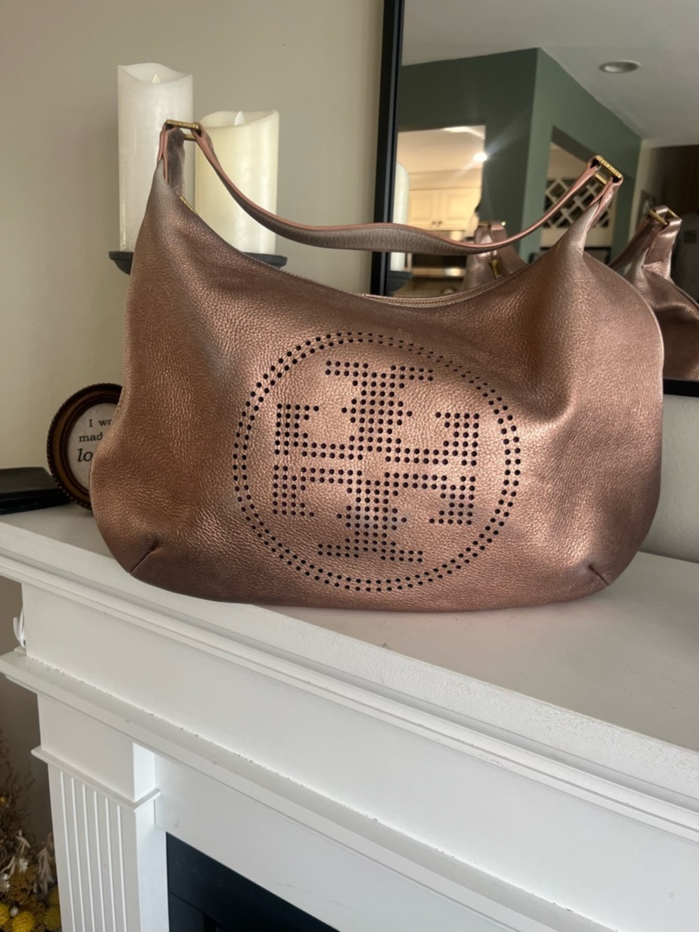 Vintage Tory Burch Metallic Rose Gold Pebbled Leather Hobo